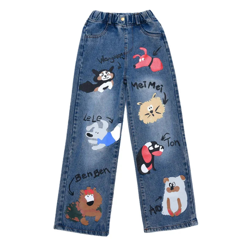 New 2024 Teenage Girls Blue Street Cartoon Print Elastic Mid Waist Loose Denim Jeans Spring Fashion Children Cute Wide Leg Pants Good Vibrations