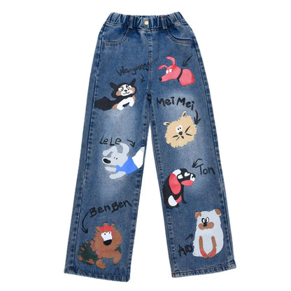 New 2024 Teenage Girls Blue Street Cartoon Print Elastic Mid Waist Loose Denim Jeans Spring Fashion Children Cute Wide Leg Pants Good Vibrations