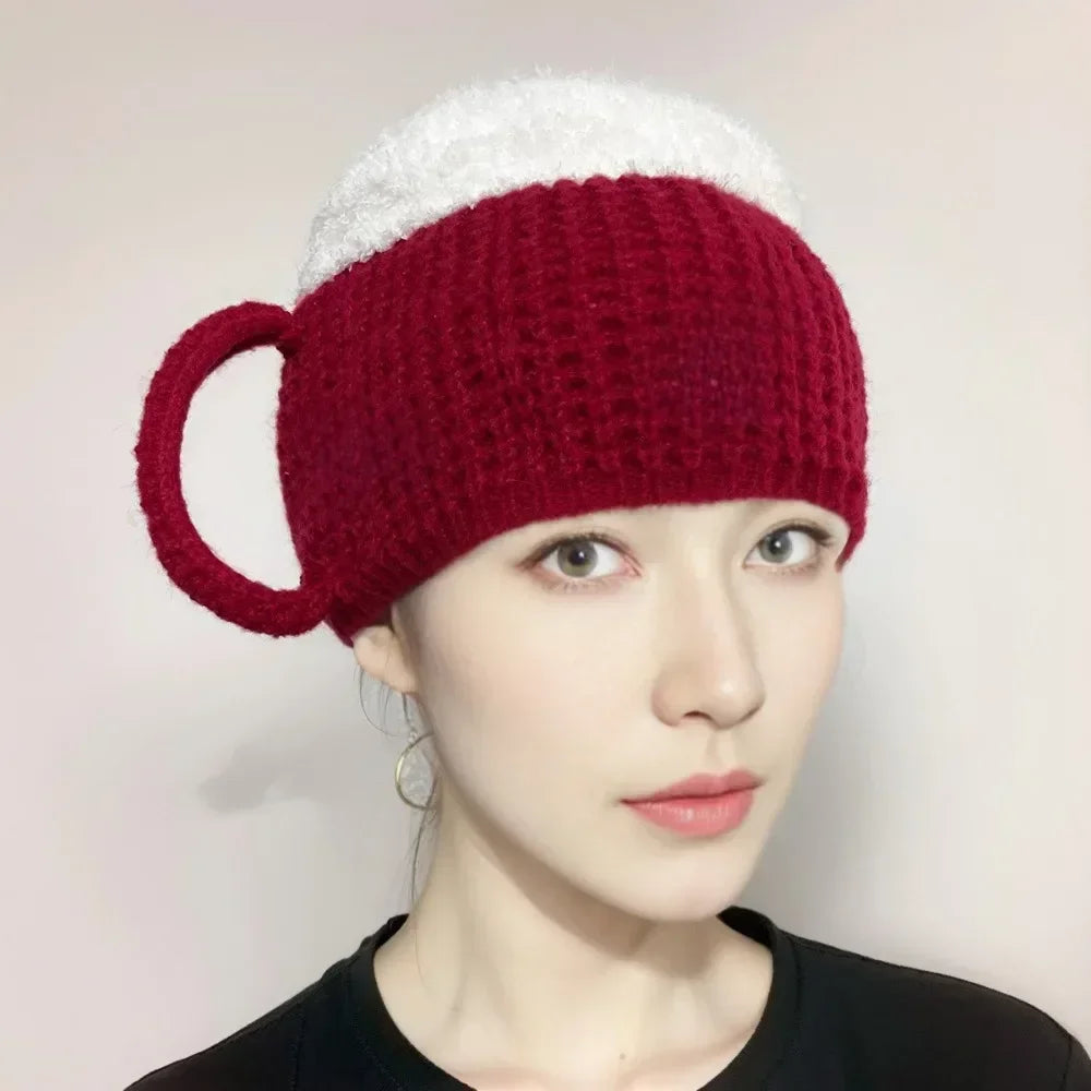 3D Beer Cup Hat Funny Creative Knitted Pullover Cap Autumn Winter Versatile Unisex Warm Hairline Cap Beer Lovers' Year Presents Good Vibrations