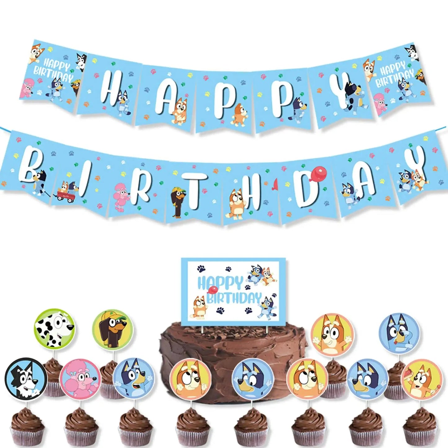 Bluey Christmas Birthday Party dinnerware Disposable Banner Cake Topper Hanging Flag bluey number Balloons Birthday Decoration Good Vibrations