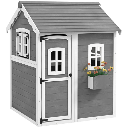 Outsunny Playhouse for Kids, Outdoor Wooden Playhouse with Floor, Door, Windows & Planter Box for 3-8 Year Olds, Backyard Good Vibrations