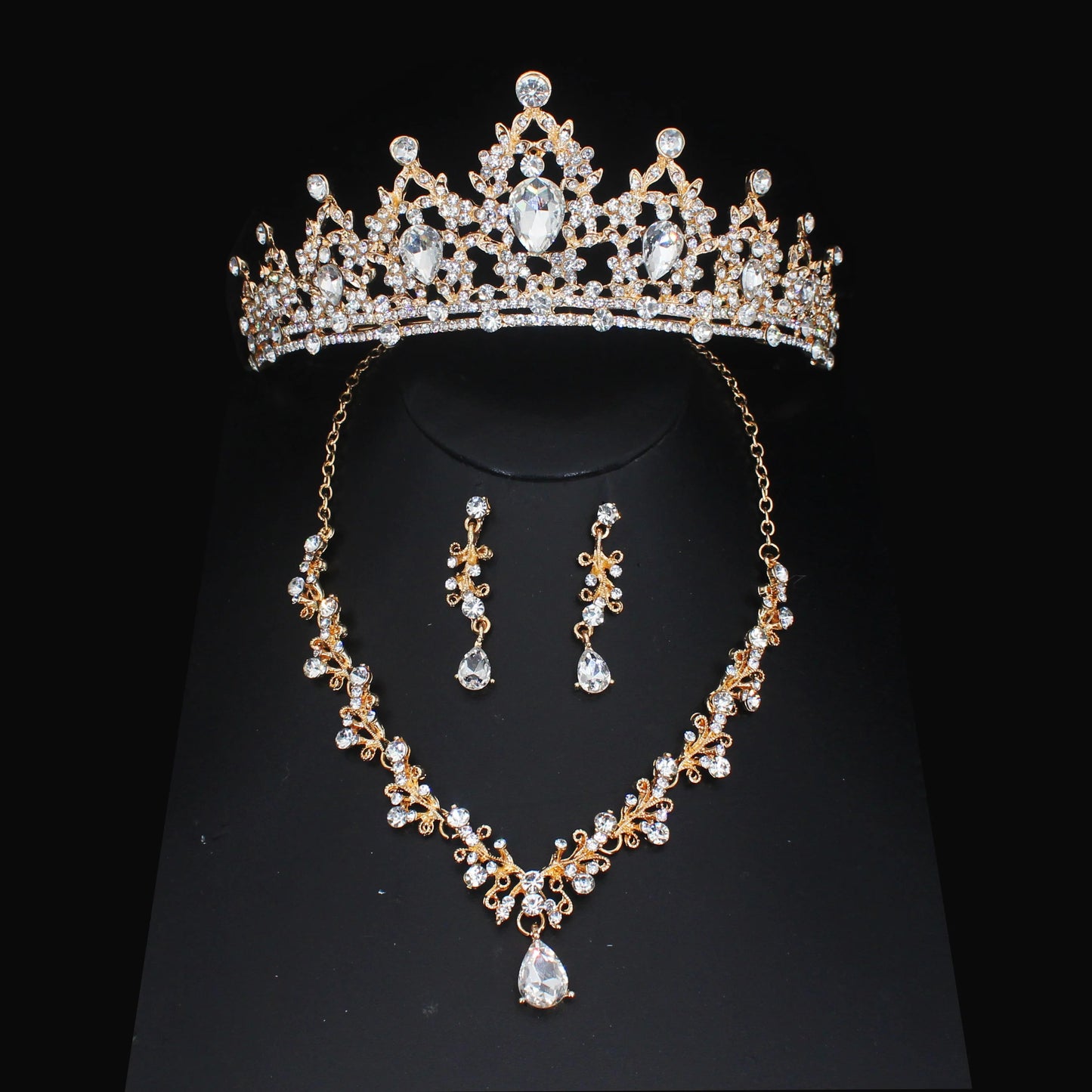 Luxury Crystal Wedding Bridal Jewelry Sets Women/Girl Gold Color Tiara/Crown Earrings Choker Necklace Bride Jewelry Set Good Vibrations Adult Super Store