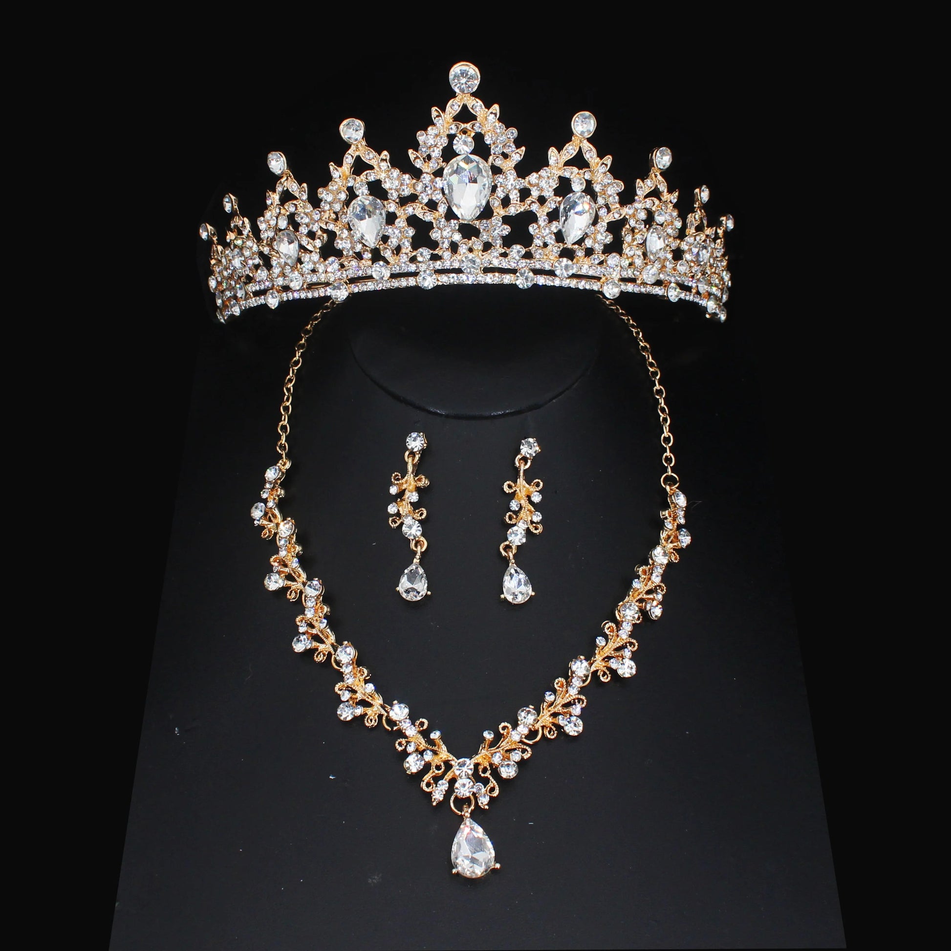 Luxury Crystal Wedding Bridal Jewelry Sets Women/Girl Gold Color Tiara/Crown Earrings Choker Necklace Bride Jewelry Set Good Vibrations Adult Super Store