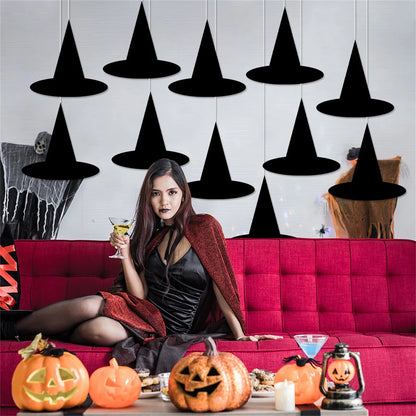 12 Pices Halloween Hangs Decor Holiday Theme Party Black Hanging Witch Hat Props Indoor Outdoor Floating Dress-up Accessories Good Vibrations