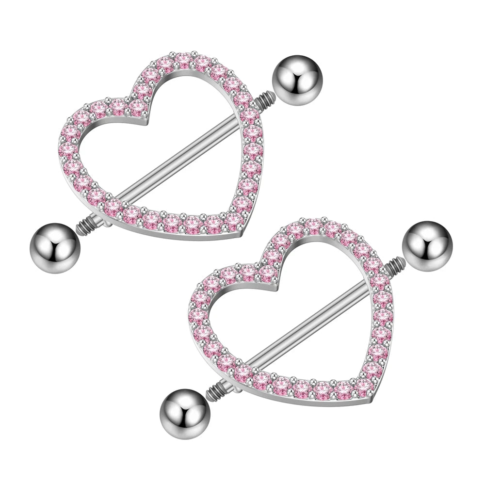 2pcs Both Sides Screwed Heart Nipple Ring for Women Girls 14G Stainless Blue Pink Zircon Sexy Nipple piercing nombril Nipple Bar Good Vibrations