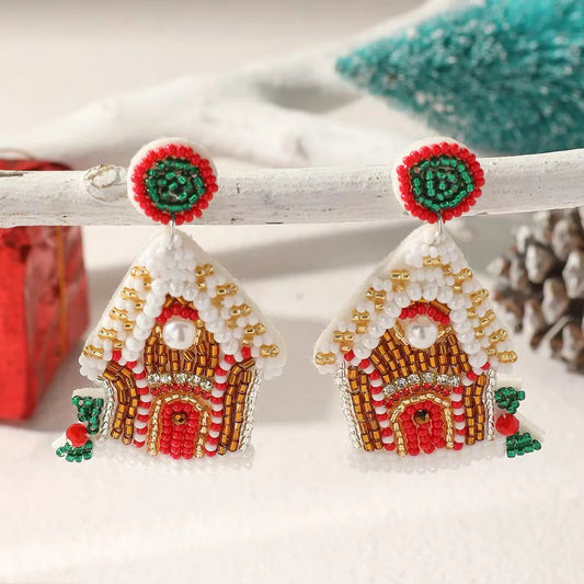 1 Pair Of Fashionable Christmas House Rice Bead Earrings For Women's Party Exaggerated Personality Pure Handmade Bead Earrings Good Vibrations