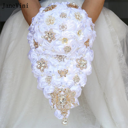 JaneVini Elegant Korean Light Blue Cascading Flowers Crystal Waterfall Bridal Bouquets Pearl Ribbon Roses Wedding Brooch Bouquet Good Vibrations