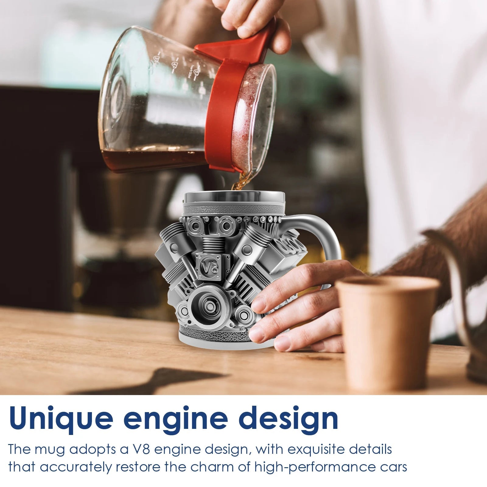 Engine Coffee Mug 350ml Creative Car V8 Engine Coffee Cup with Handle Novelty Stainless Steel Beverage Mugs for Car Lovers Gifts Good Vibrations
