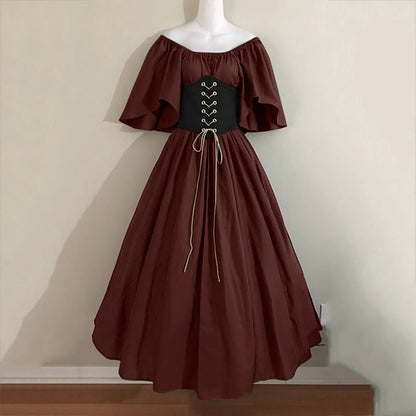 Halloween Costumes for Women Medieval Retro Contrasting Color Slim Swing Dress One-word Shoulder Dress Love Live Cosplay Good Vibrations