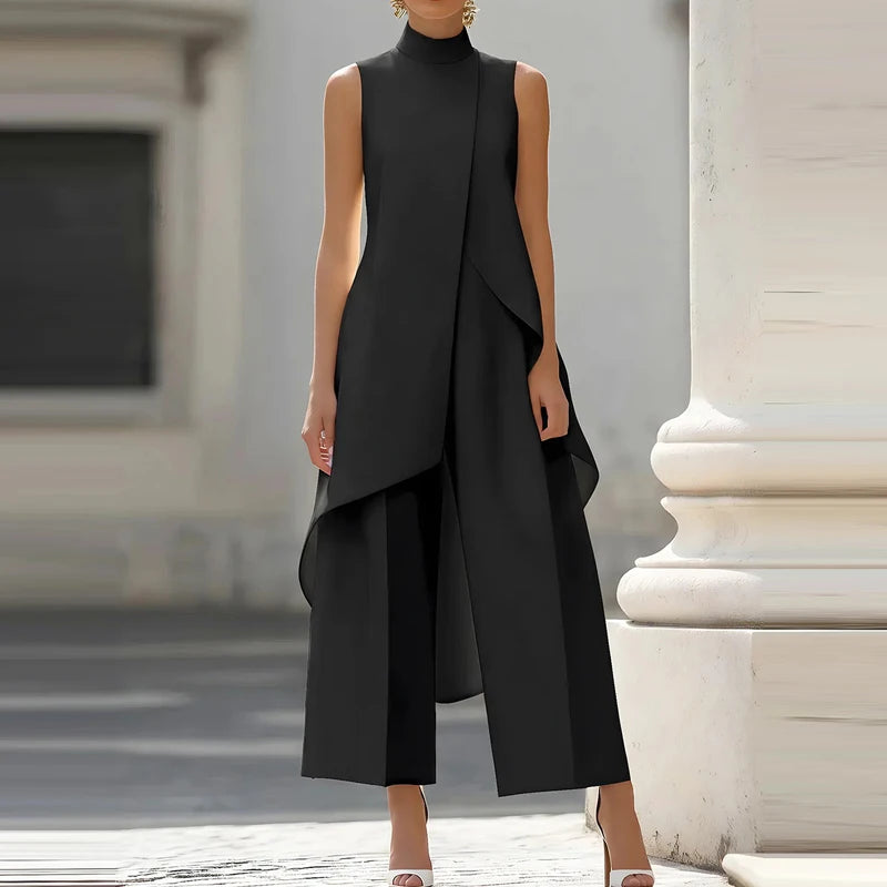 Women's Summer Office Outfits Casual Irregular Two Piece Sets Spring Elegant O Neck Sleeveless Tank Top & Wide Leg Trousers Suit Good Vibrations