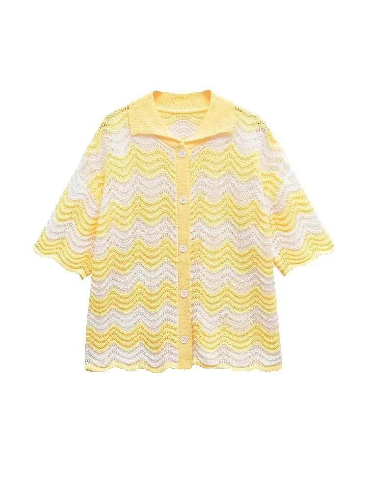 Women Temperament Single Breasted Short Sleeve Top Two Piece Set Fashion Sweet Turn-down Collar Knitted Top Sets Shorts Good Vibrations