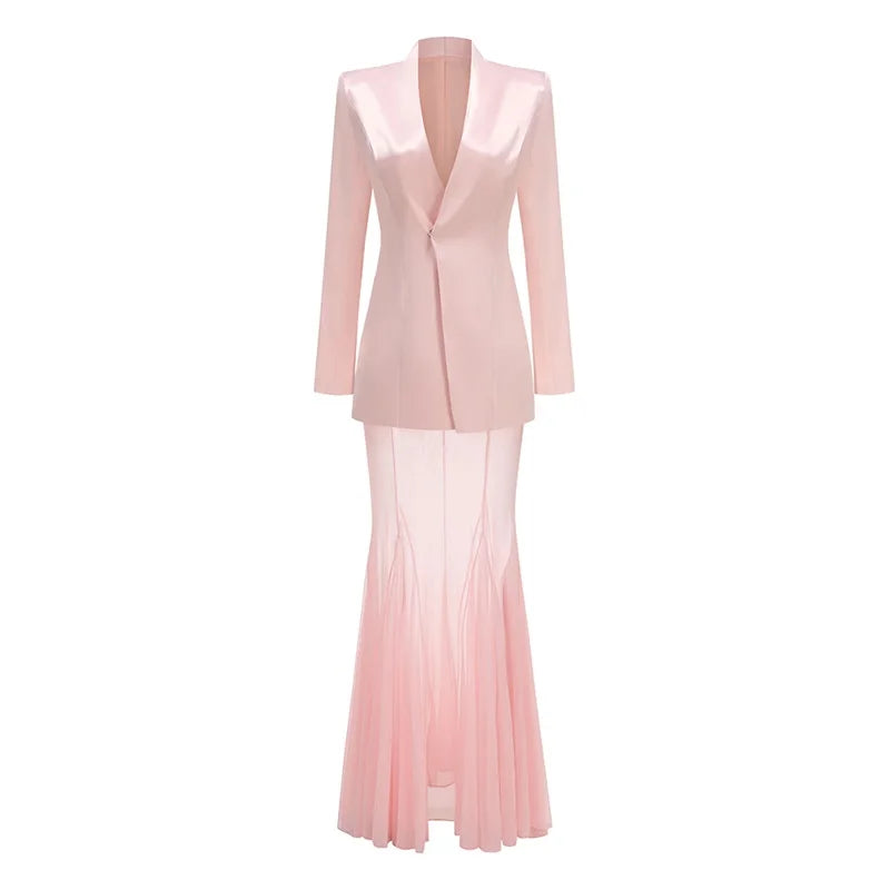 Women Pink Blazer Dress Set, Elegant Sleeveless Top, and Flowy High-Low Chiffon Skirt with Sheer Hem for Wedding Party In Stoc Good Vibrations