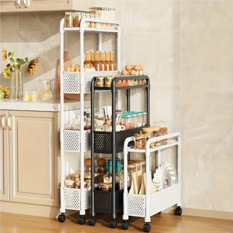 Black mobile storage unit, multi-tier practical shelving, narrow rolling storage rack. Good Vibrations
