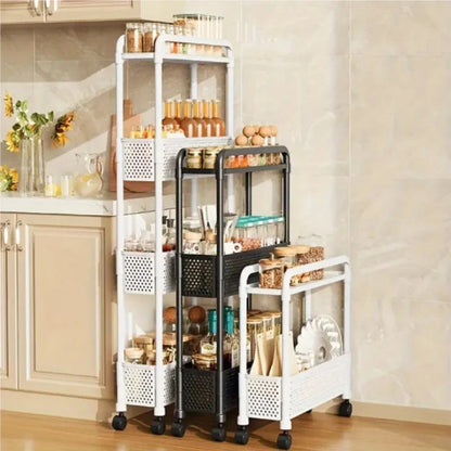 Black mobile storage unit, multi-tier practical shelving, narrow rolling storage rack. Good Vibrations