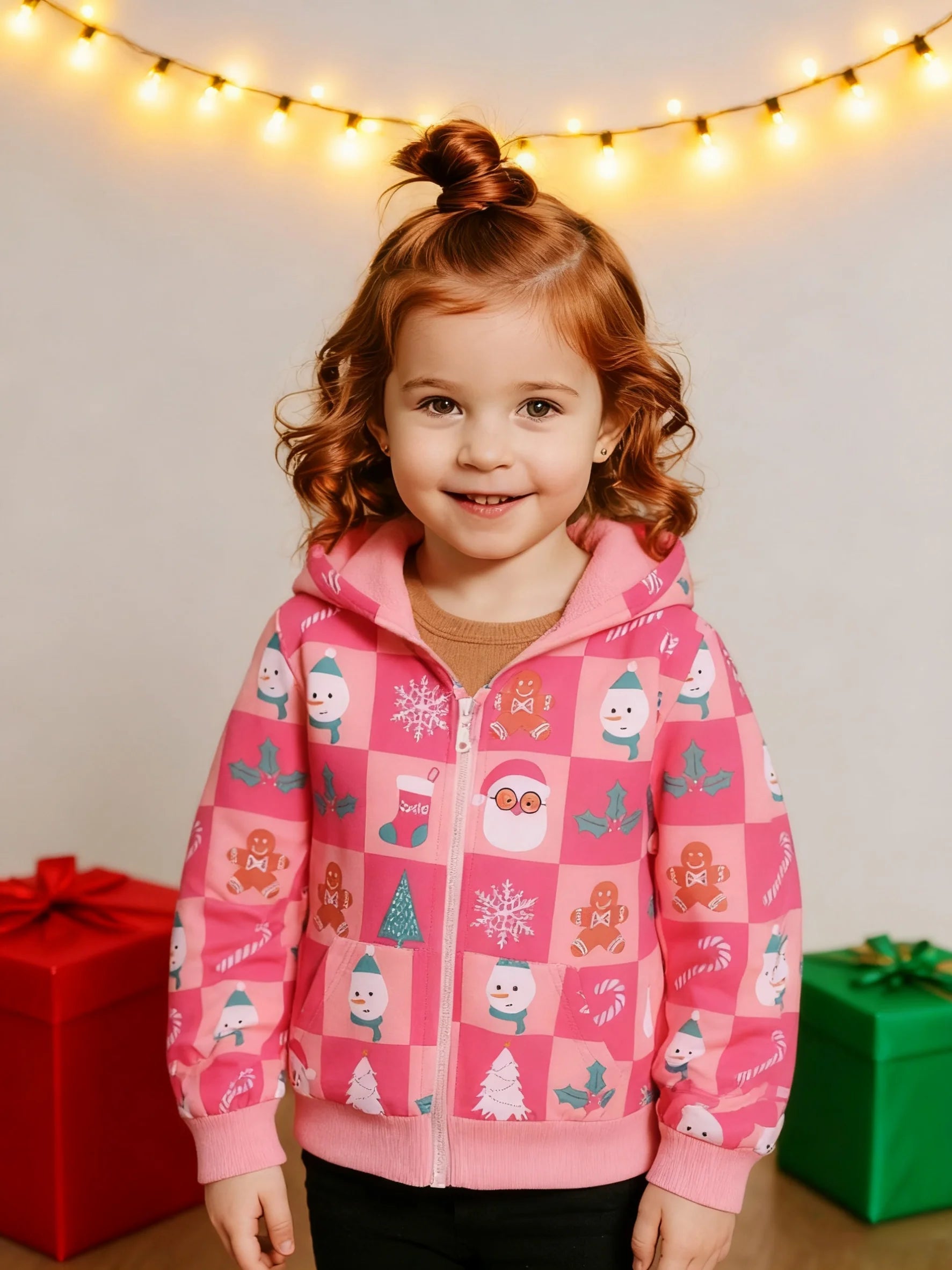 A long-sleeved hooded cardigan with cute Christmas prints for girls is perfect for outdoor casual wear, comfortable and fun Good Vibrations