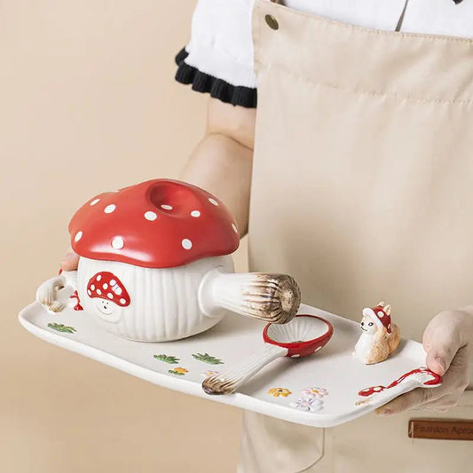 Red Mushroom Handle Bowl with Lid Creative Ceramic Breakfast Fruit Dessert Plate Creative Mushroom Salad Bowl Spoon Cutlery New Good Vibrations