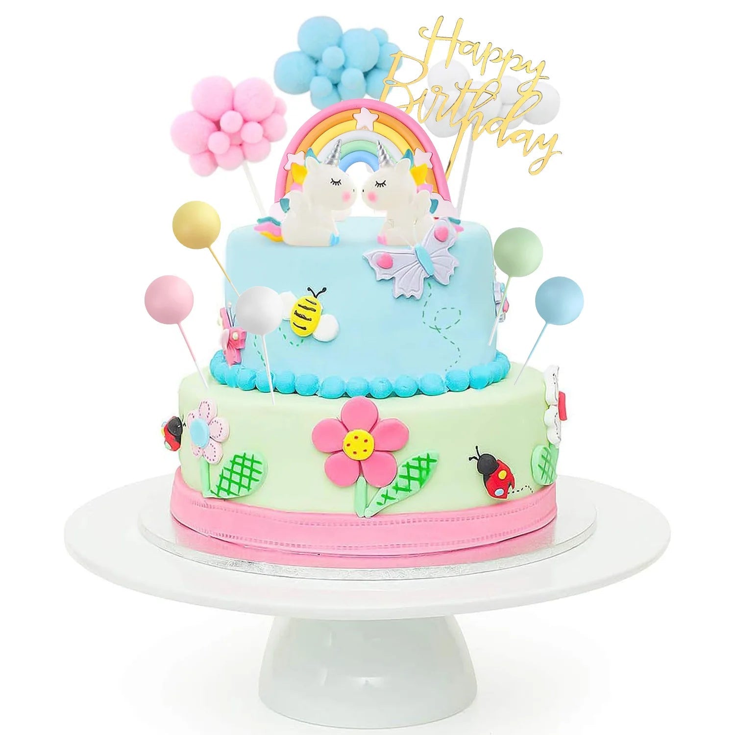 Birthday Unicorn Cake Topper,Rainbow Balloon Cake Decorations Cupcake Toppers for Girls Unicorn Birthday themed Party Supplies Good Vibrations