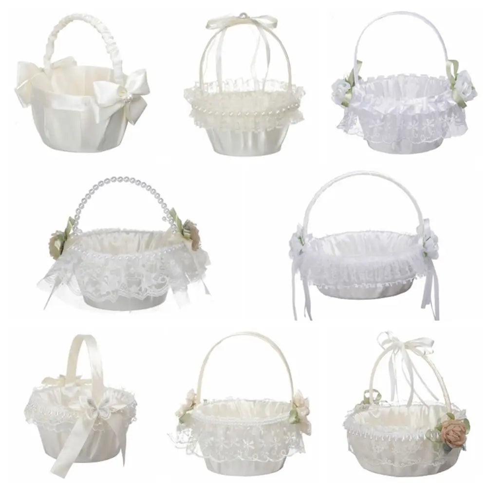 Fashion Lace Wedding Flower Basket Rose Flower Ribbon Bow Satin Bow Hanbag Tote Bag Storage Bag Flower Girls Basket Party Good Vibrations