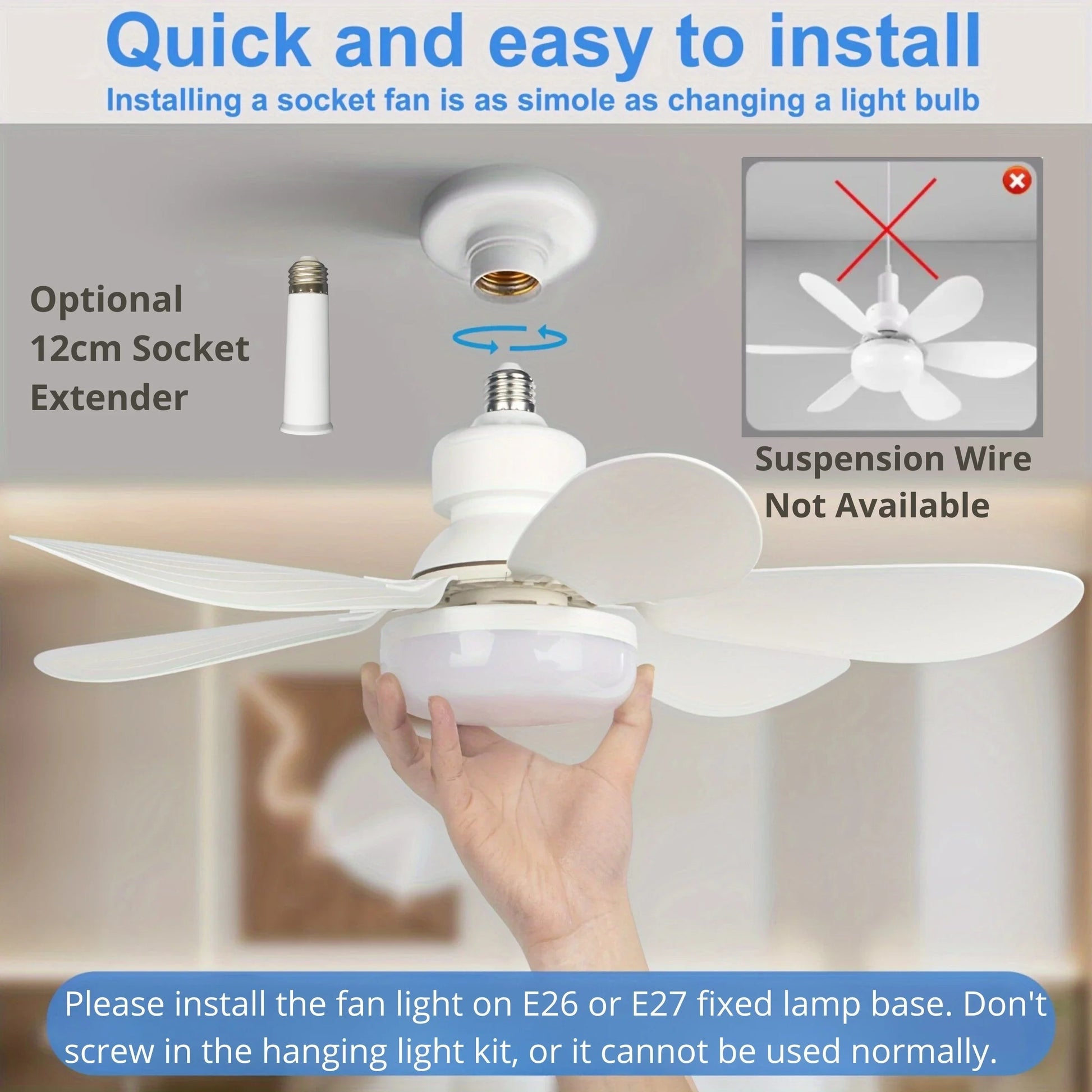 Socket Fan Light With Remote 20.5in Small Ceiling Fan With LED E26 27 Cordless Light Screw Fan For Kitchen Bedroom Small Room Good Vibrations