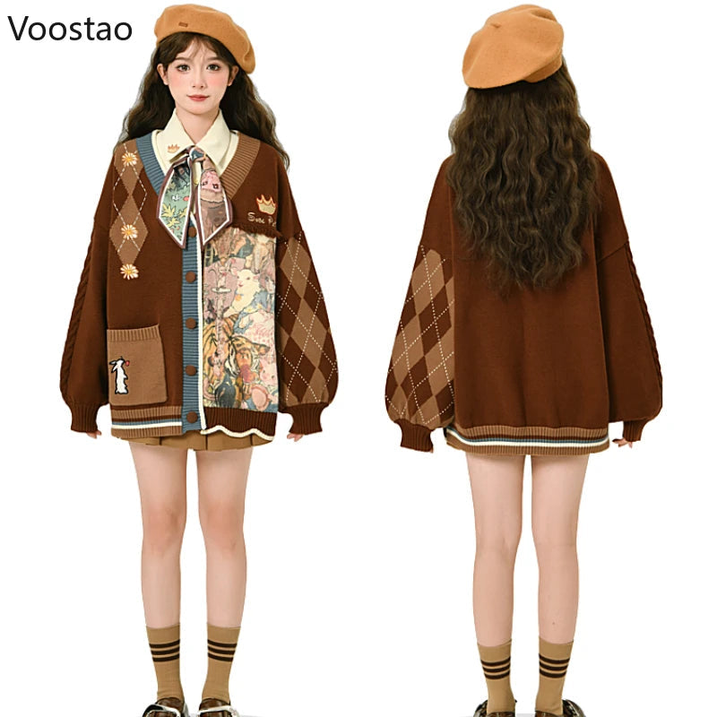 Kawaii Cartoon Embroidery Cardigan Women Vintage Jk Uniform Sweater Coat Autumn Girls Loose Y2k Knitted Tops Sueters De Mujer Good Vibrations