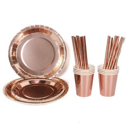 Rose Gold Disposable Tableware Diamond Pattern Paper Cups Plates Straws Table Decoration Wedding Birthday Party Supplies Good Vibrations