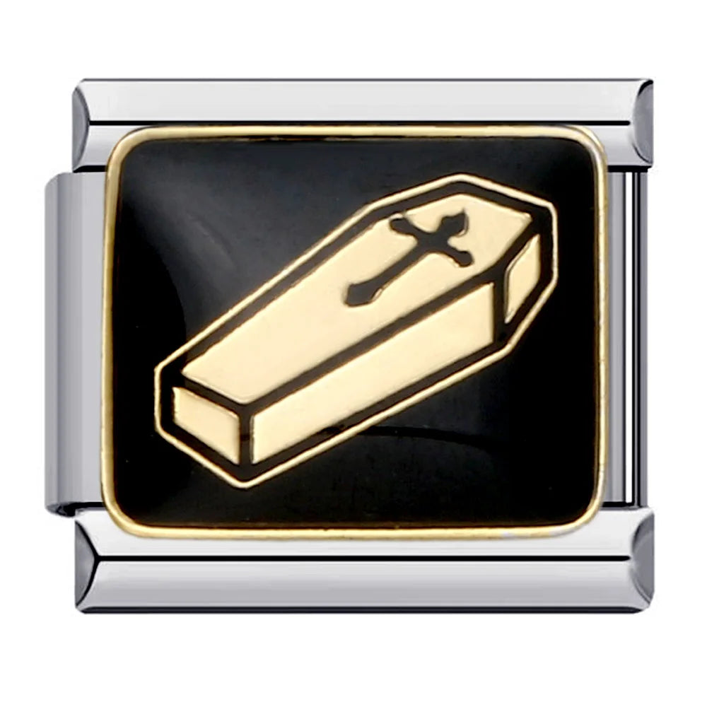 Goth Vintage Black Glaze Skull Raven Ghost Halloween Day's Charm Links Fit 9mm Bracelet Stainless Steel Making DIY Jewelry Good Vibrations