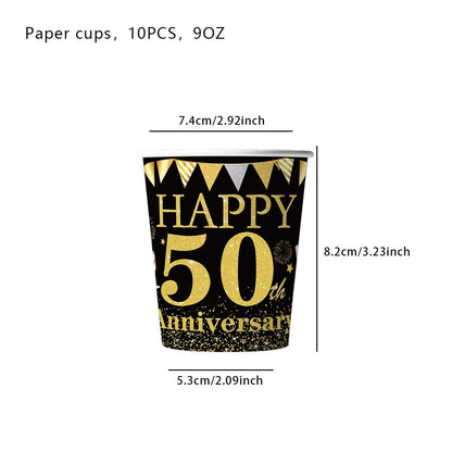 Happy 50th birthday party table supplies, black and gold theme, napkins, 7inch paper cups, tablecloth, plates,  party decoration Good Vibrations