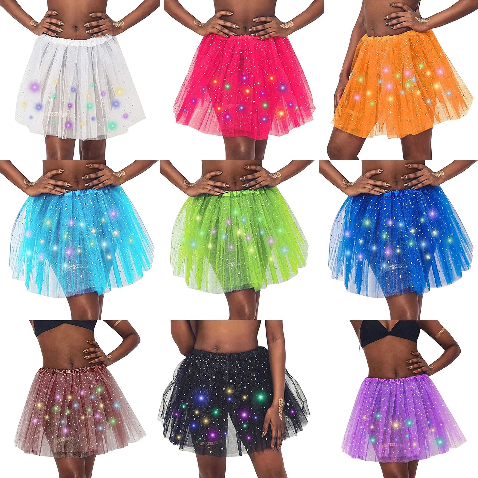 Halloween Cosplay Women Star Sequins Mesh Pleated Tulle Princess Skirt With LED Skirt Party Dancing Miniskirt Costume Clothing Good Vibrations