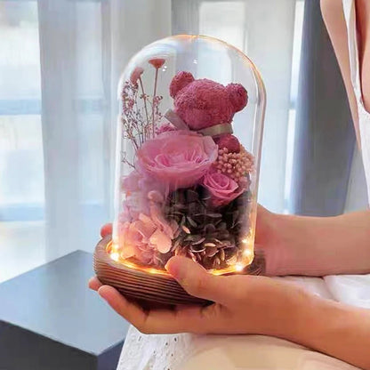 Valentine's Day Gift for Girlfriend Eternal Preserved Rose Flower Gift Box Teddy Bear Eternal Flower with Lights Gift for Women Good Vibrations