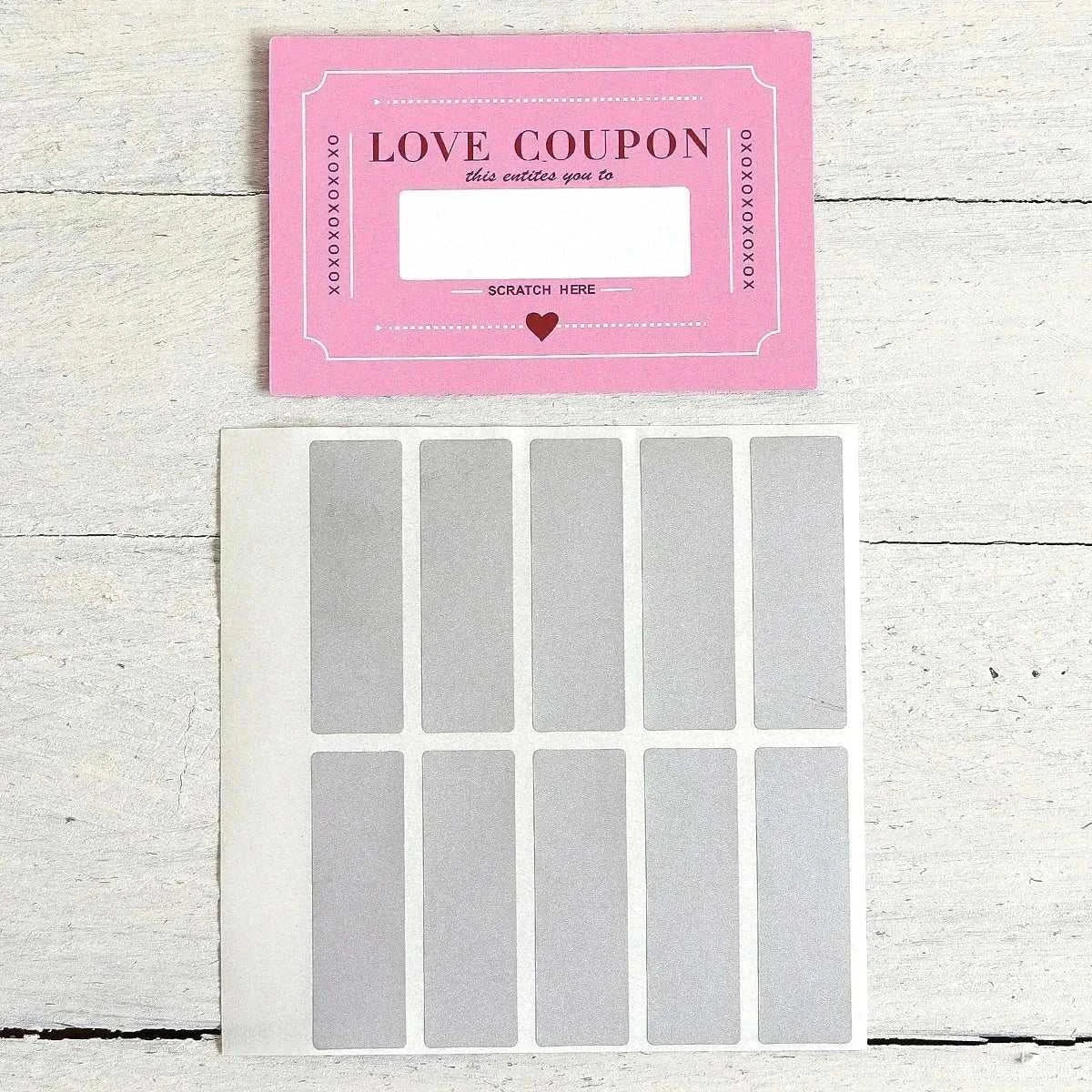 Scratch-off love coupons set, 10 pieces, pink design, DIY Valentine's gift.