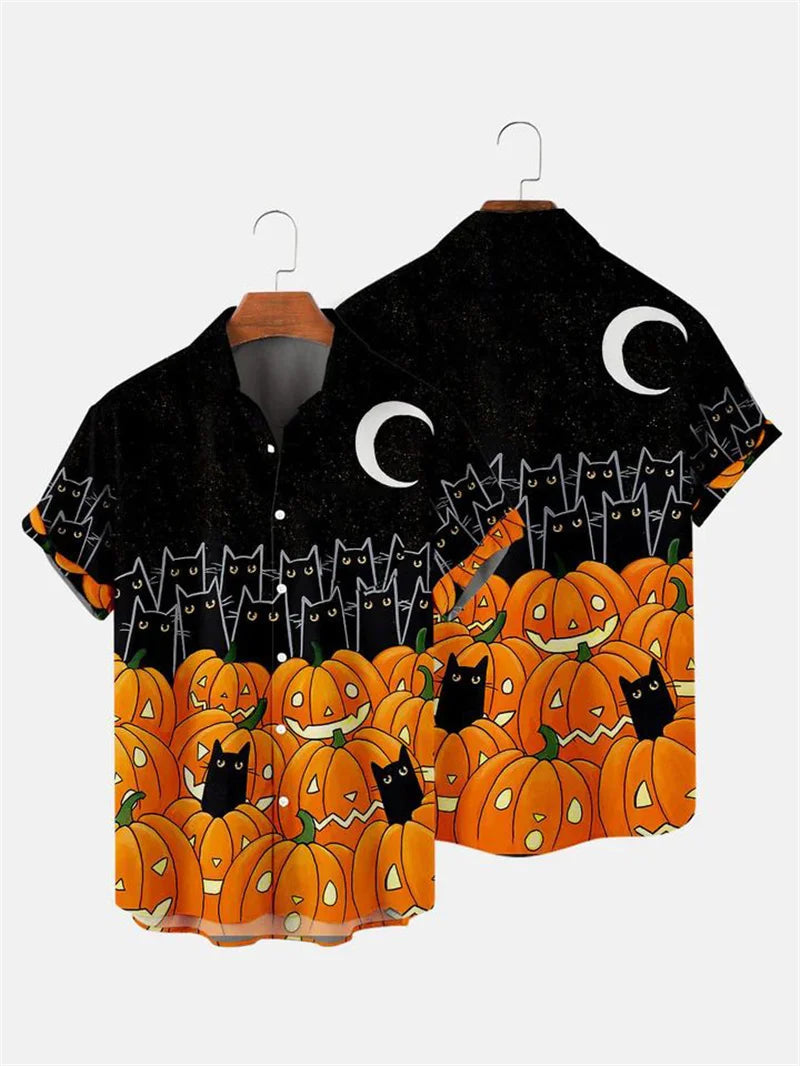 Men's Fashion Halloween Shirt Summer Cute Style Men's Clothing Party Holiday Men Top Pumpkin Head Print Boys' Short Sleeve Shirt Good Vibrations