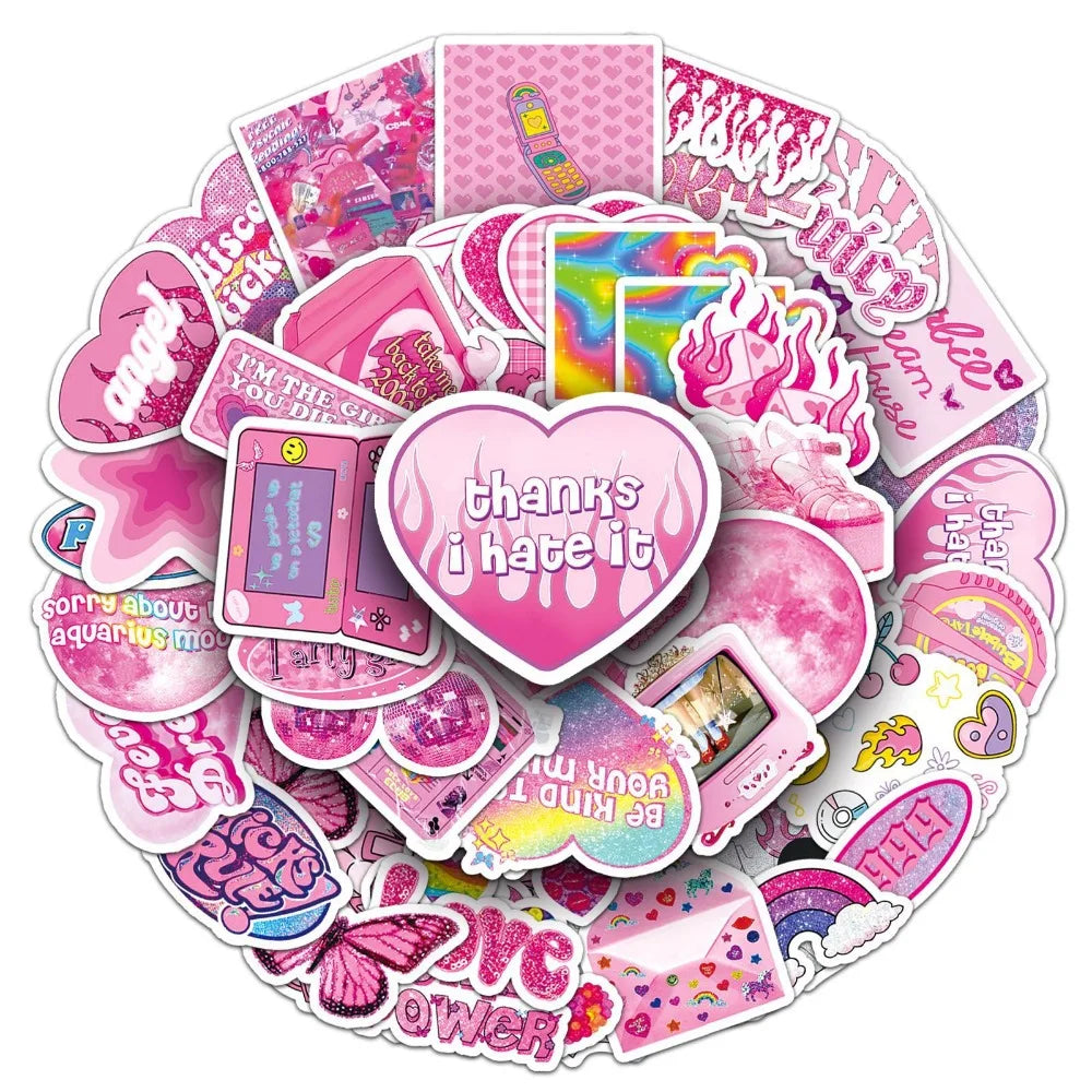10/50Pcs Y2K Style Pink Graffiti Sticker Millennium Sticker Decoration for Phone Case Luggage Case Sticker Waterproof for Girls Good Vibrations
