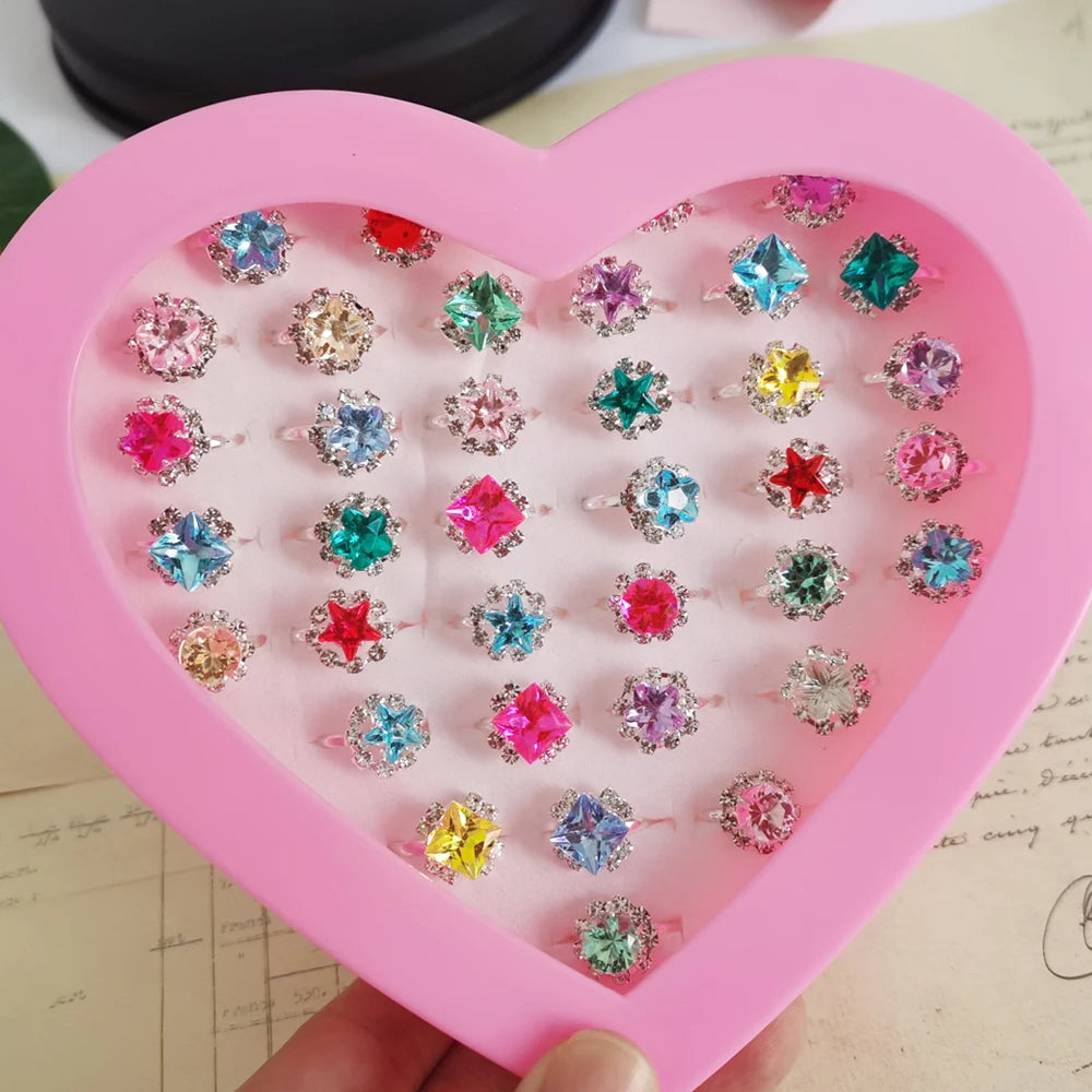 12/36PCS/set Adjustable Kids Crystal Rings Jewelry Heart Star Square Open Finger Ring For Children Girl Party Gift Good Vibrations