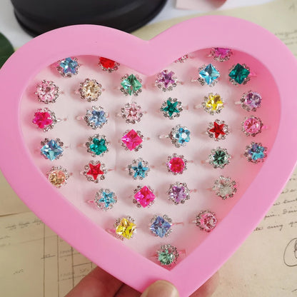 12/36PCS/set Adjustable Kids Crystal Rings Jewelry Heart Star Square Open Finger Ring For Children Girl Party Gift Good Vibrations