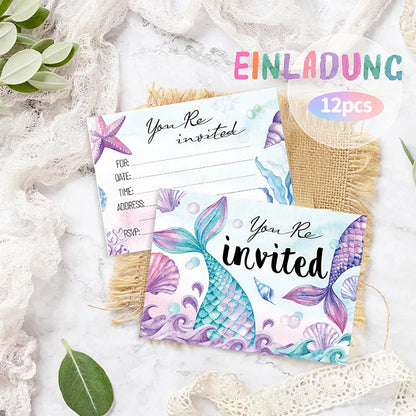 12pcs Mermaid Invitation Cards, Double-Sided Birthday Party Invites, Underwater Theme Party Decorations Supplies Good Vibrations