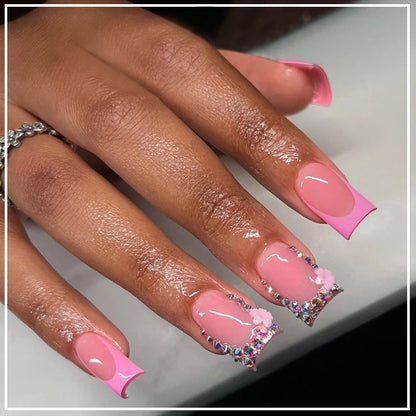 24Pcs Long Coffin French False Nails with Glue Bow Diamond Stick on Press on Acrylic Nails Black Ballerina Nail Art Manicure Tip Good Vibrations