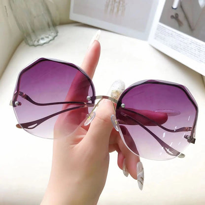 Rimless Sunglasses Polygon Fashion Popular Women Men Shades Big Frame Round Sun Glasses for Female Oculos Gradient Sunglasses Good Vibrations