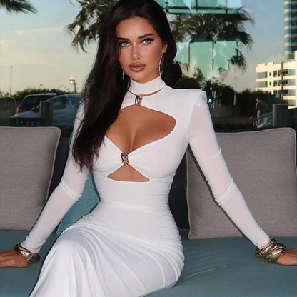 Elegant Party Dresses For Women Fashion Sexy Solid Full Sleeves Hollow Out Turtleneck Sheath Hip Wrap Long Vestidos Robes Female Good Vibrations
