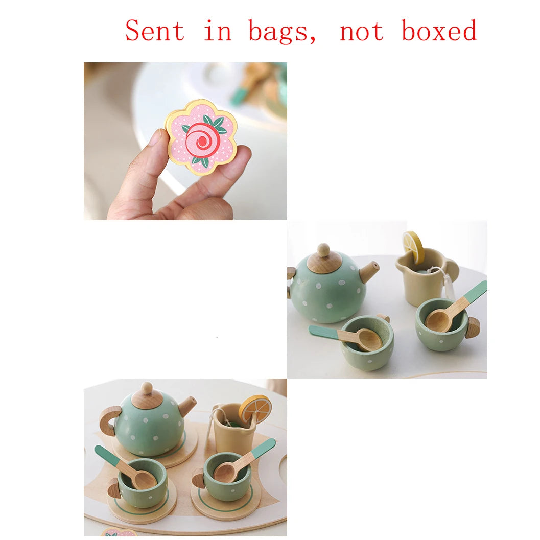 Wooden Afternoon Tea Set Toy Pretend Play Food Learning Role Play Game Early Educational Toys for Toddlers Girls Boys Kids Gifts Good Vibrations