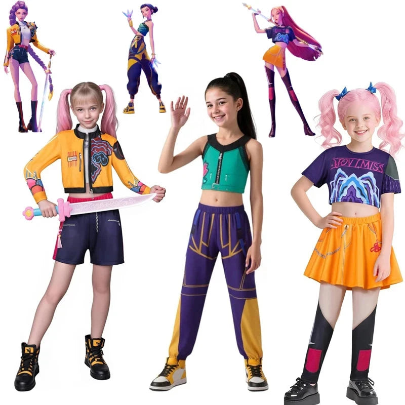 KPOP Demon Mira Huntrix Hunters Kids Clothes Girls Rumi Zoey Mira Cosplay Clothes Elegant Dress Anime Outfit Full Set Halloween Good Vibrations