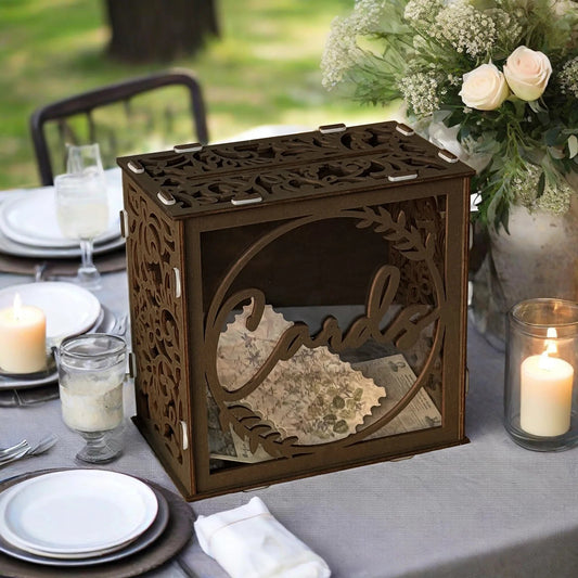 Brown wedding card boxes for reception, PVC gift card box with acrylic window, rustic envelope money gift box for anniversary Good Vibrations