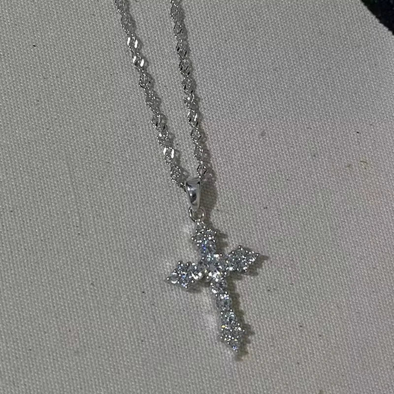Shiny Crystal Zircon Cross Pendant Necklace for Women Girls Punk Silver Color Thin Chain Necklace Party Jewelry Birthday Gift Good Vibrations