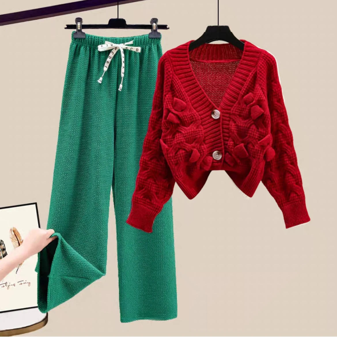 Two Piece Set For Women New In Sweater Matching Sets Korean Sweet Bow Outfit Long Sleeve Cardigan Knitwear Wide Leg Pants Set Good Vibrations