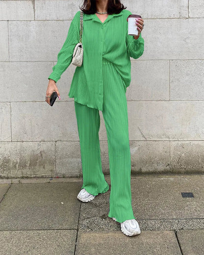 New Two Piece Set Women Outfits Pleated Women's Elegant  Drape Loose Sets Shirt High Waist Trousers Female Suit Fashion Casual Good Vibrations