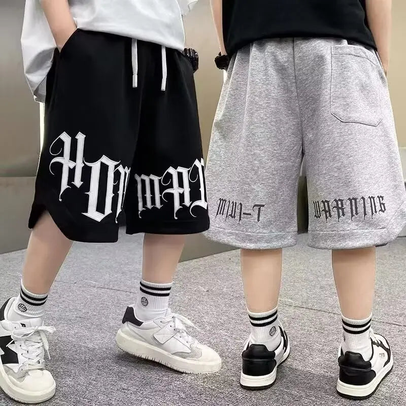 Loose Style Children Summer Shorts for Boy New Letter Print Short Pants Outdoor Casual Sports Shorts Korean Children's Clothing Good Vibrations