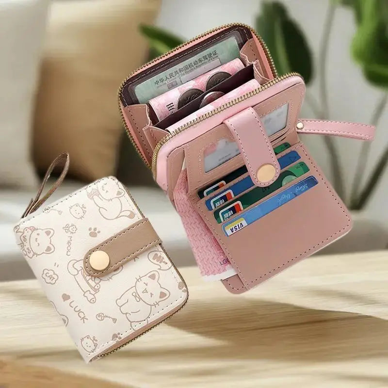 Cute Cat PU Leather Coin Purse Women Fashion Short Wallet Folding Zipper Wallet ID Card Holder Travel Lightweight Cash Coin Bags Good Vibrations