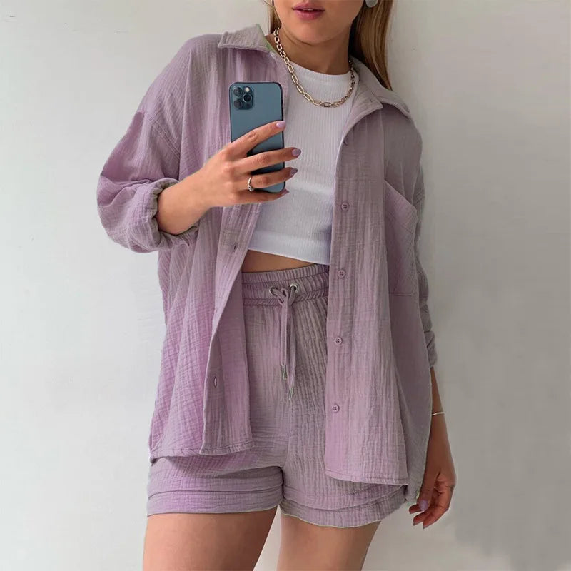 Solid Color Casual Loose Short Pants Sets For Women 2025 Elegant Summer Women's Two Pieces Suit Full Set Female Outfit Clothes Good Vibrations