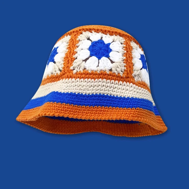 2024 Spring New Crochet Hat Korean Handmade Bucket Hat Women's Weaving Knitted Hat Y2k Fashion Flowers Autumn Winter Ins Beanies Good Vibrations