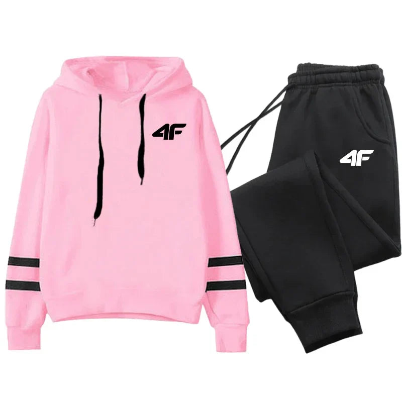 Women's tracksuit hoodies set with pink pullover hoodie and black sweatpants featuring stripe design and 4F logo for casual sportswear