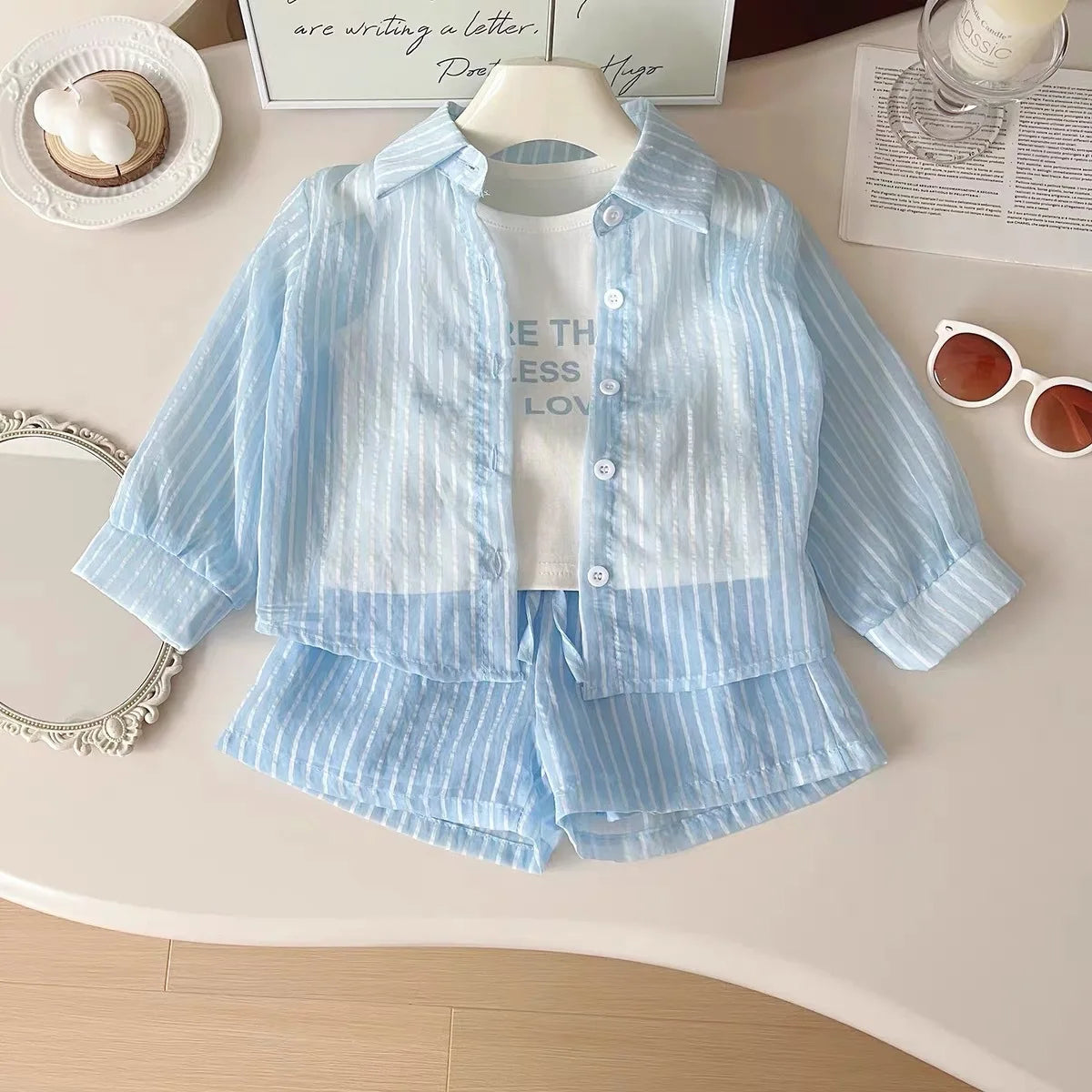 3Pcs Girls Clothing Sets Summer Cool Blouse Shirt+shorts+T-shirt Children Clothes Suits New Kids Outfits Set 2-7Yrs Good Vibrations